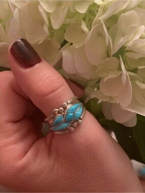 Navajo Sterling Silver Turquoise Inlay Ring - Blue